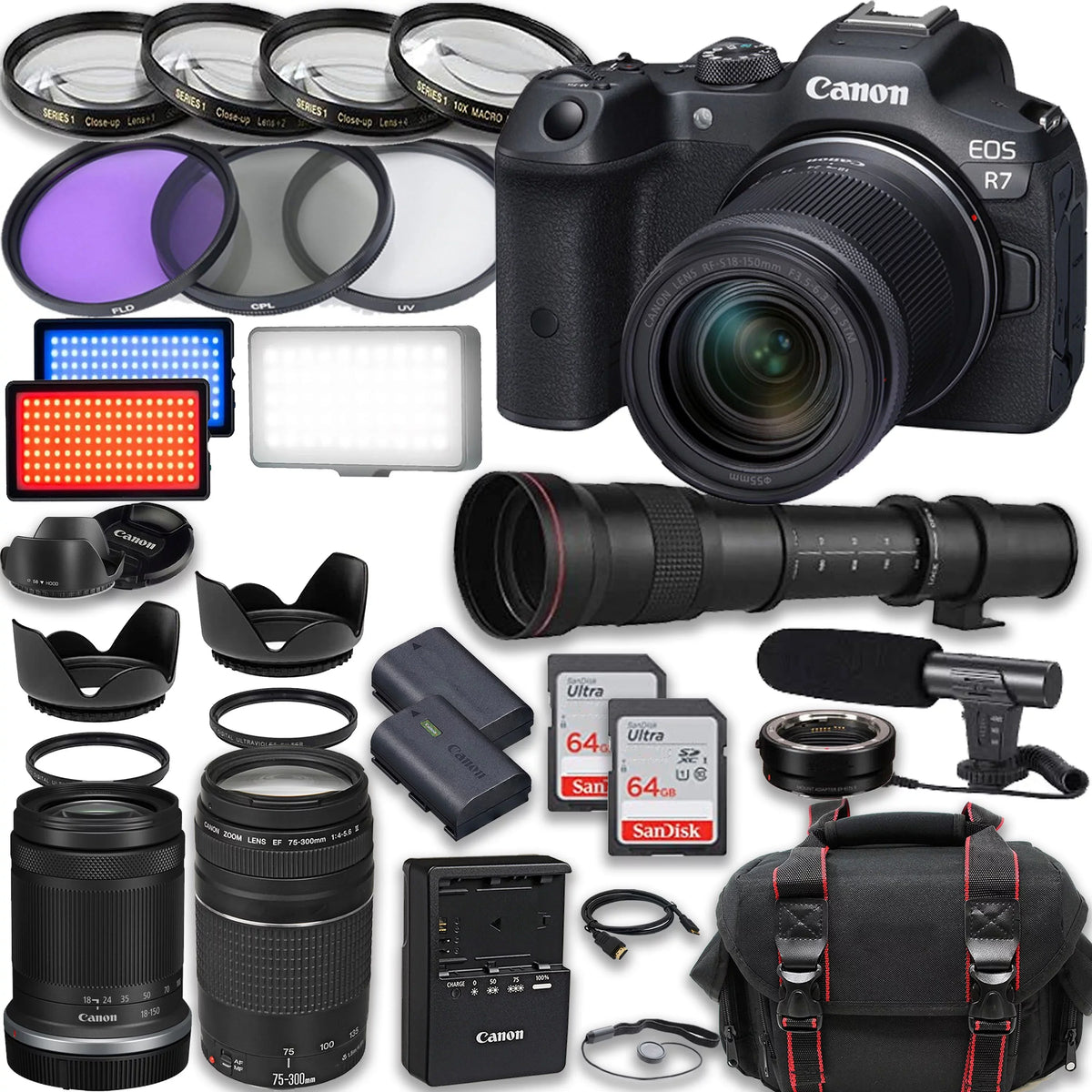 Canon HD IS EF Camera Extra Lenses, included: Video Battery, 420-800mm Cards, Accessories Memory 75-300mm More RF-S Microphone, STM with LED 2X Light, 64GB 18-150mm R7 III & EOS Case Mirrorless + +
