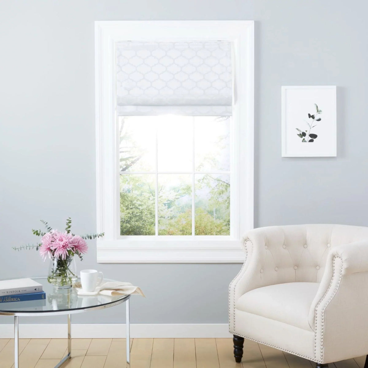 Blackout Exclusive Montague Roman White Home Shade, Total Trellis 31"x64",
