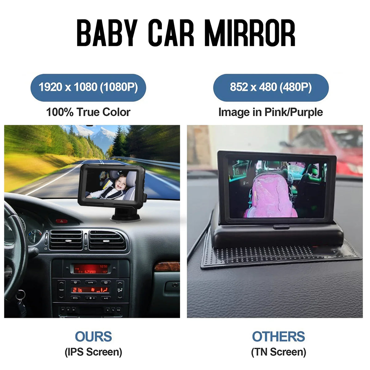 Baby IPS Function Adjustable Night Car Baby Angle Screen with Mirror Pets Car with 4.3'' Shinysix View for Camera 1080P Monitor Mirror, Infants Vision Kids Wide Baby