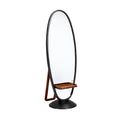 Sleek Modern Mirror with Wooden Shelf and Unique Oval Design