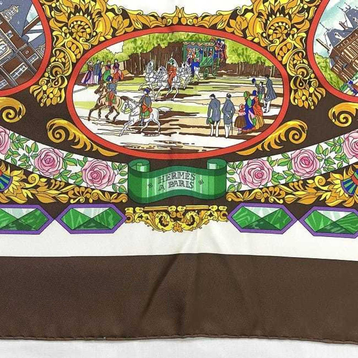 Carriage 90 Women's Muffler Large Carre 100% Multicolor CORDIALE White Horse Hermes HERMES (Good) Scarf L'ENTENTE Silk Brown Pre-Owned