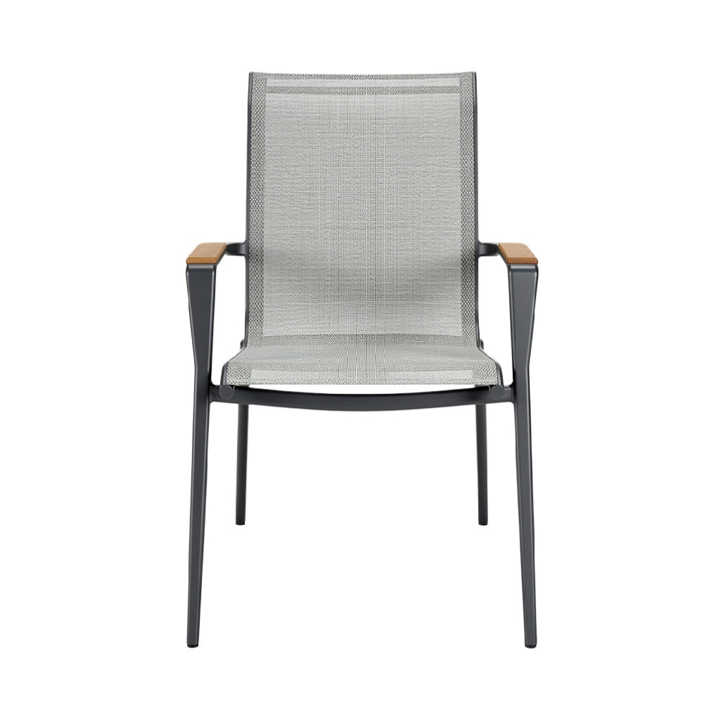Contemporary Mesh Patio Chair with Wooden Armrests