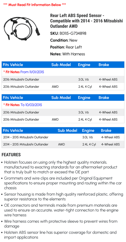 '- Sensor ABS Outlander - with Left 2014 AWD Mitsubishi Speed 2015 2016 Compatible Rear