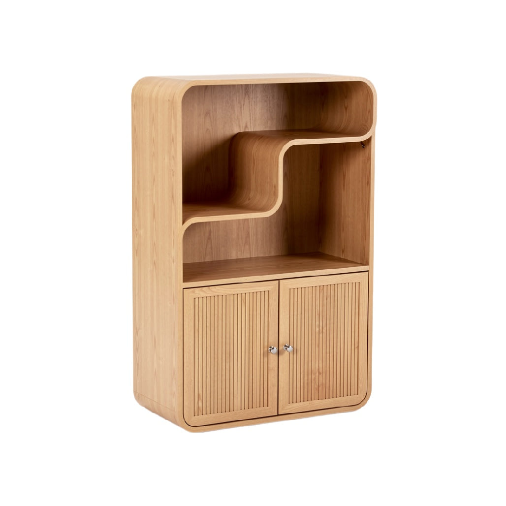 Stylish Bamboo Storage Unit with Open Shelves and Closed Cabinet
