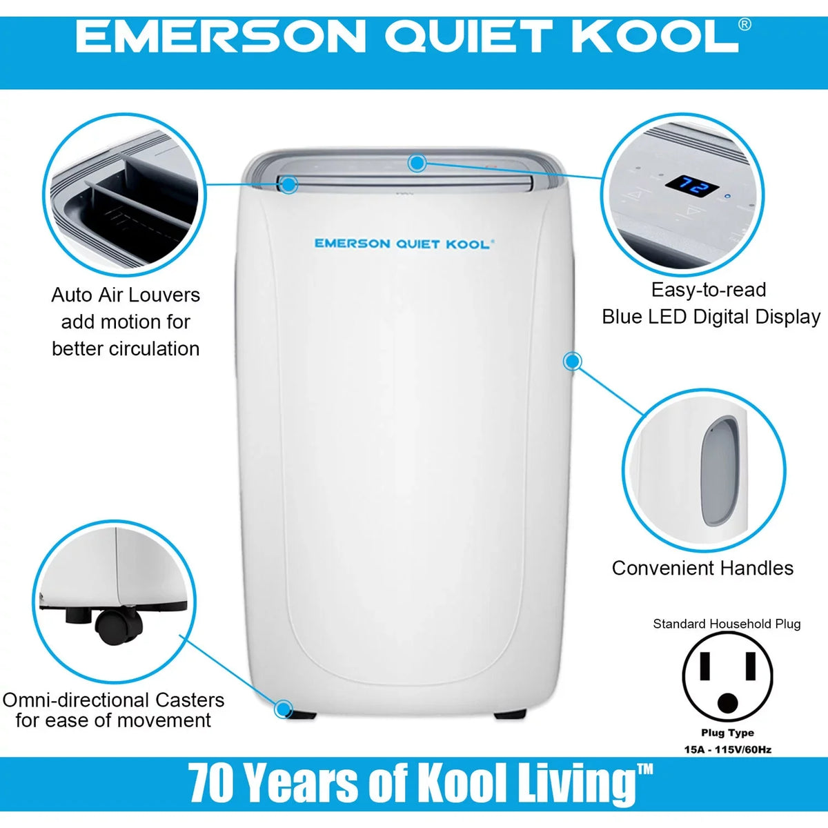 and SMART up Quiet Remote, Wi-Fi, Portable with Voice Emerson Kool for Control Conditioner Air Ft. to Rooms 300-Sq.