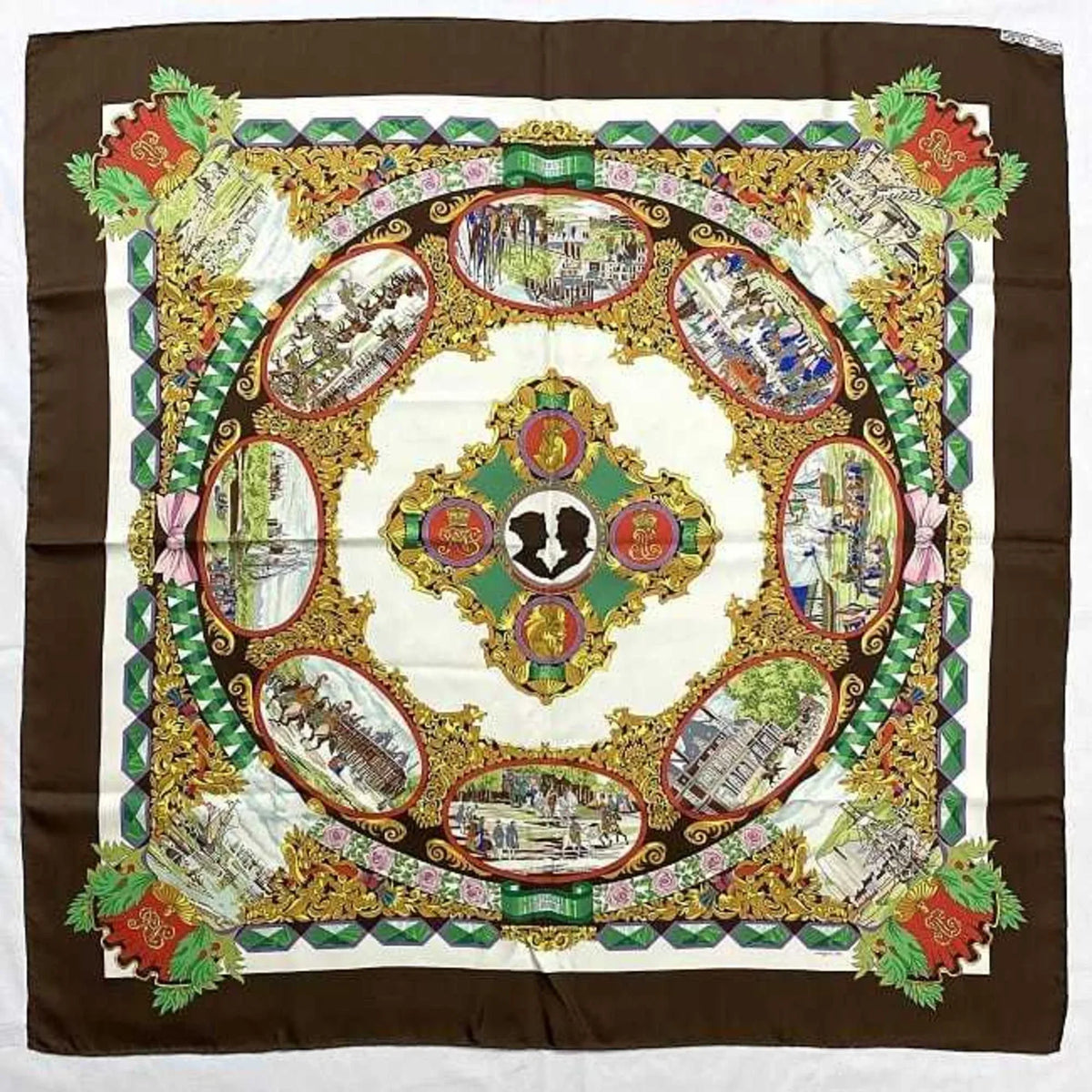 Carriage 90 Women's Muffler Large Carre 100% Multicolor CORDIALE White Horse Hermes HERMES (Good) Scarf L'ENTENTE Silk Brown Pre-Owned