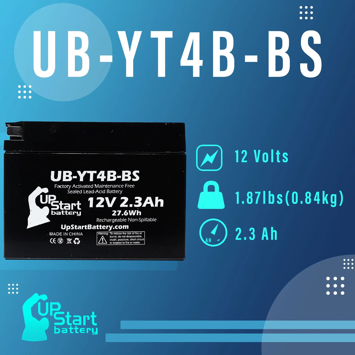 2002 12V, Motorcycle UB-YT4B-BS Battery - Battery 400CC Free, Yamaha for 3-Pack Maintenance UpStart Activated, SR400 2.3Ah, Factory Replacement