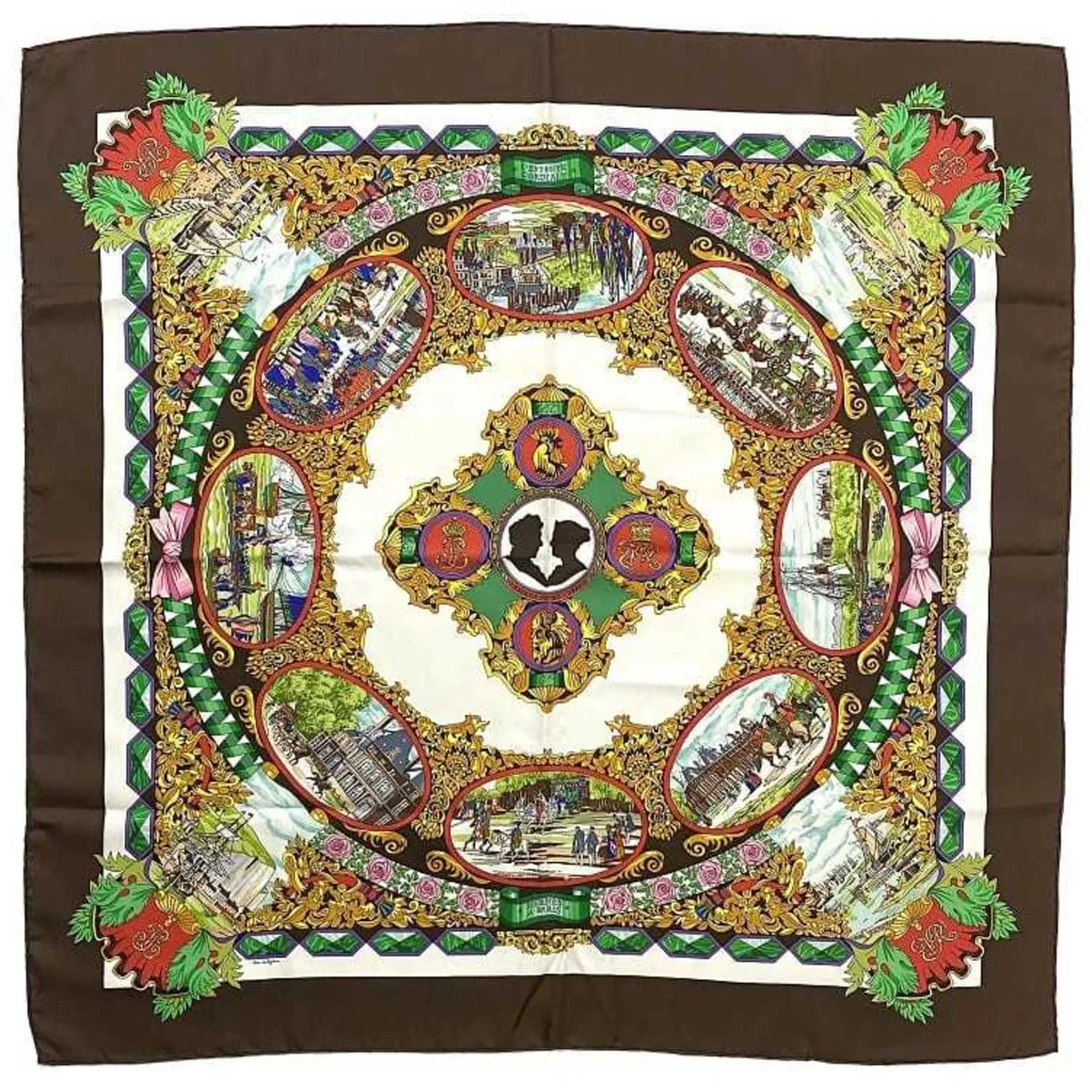 Carriage 90 Women's Muffler Large Carre 100% Multicolor CORDIALE White Horse Hermes HERMES (Good) Scarf L'ENTENTE Silk Brown Pre-Owned