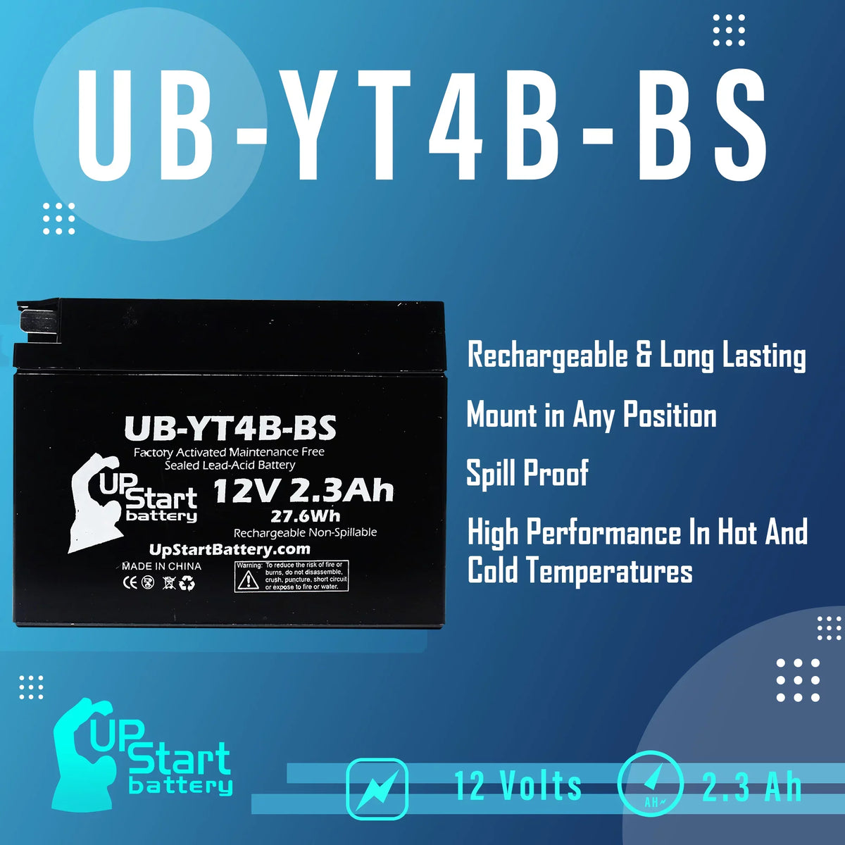 2002 12V, Motorcycle UB-YT4B-BS Battery - Battery 400CC Free, Yamaha for 3-Pack Maintenance UpStart Activated, SR400 2.3Ah, Factory Replacement